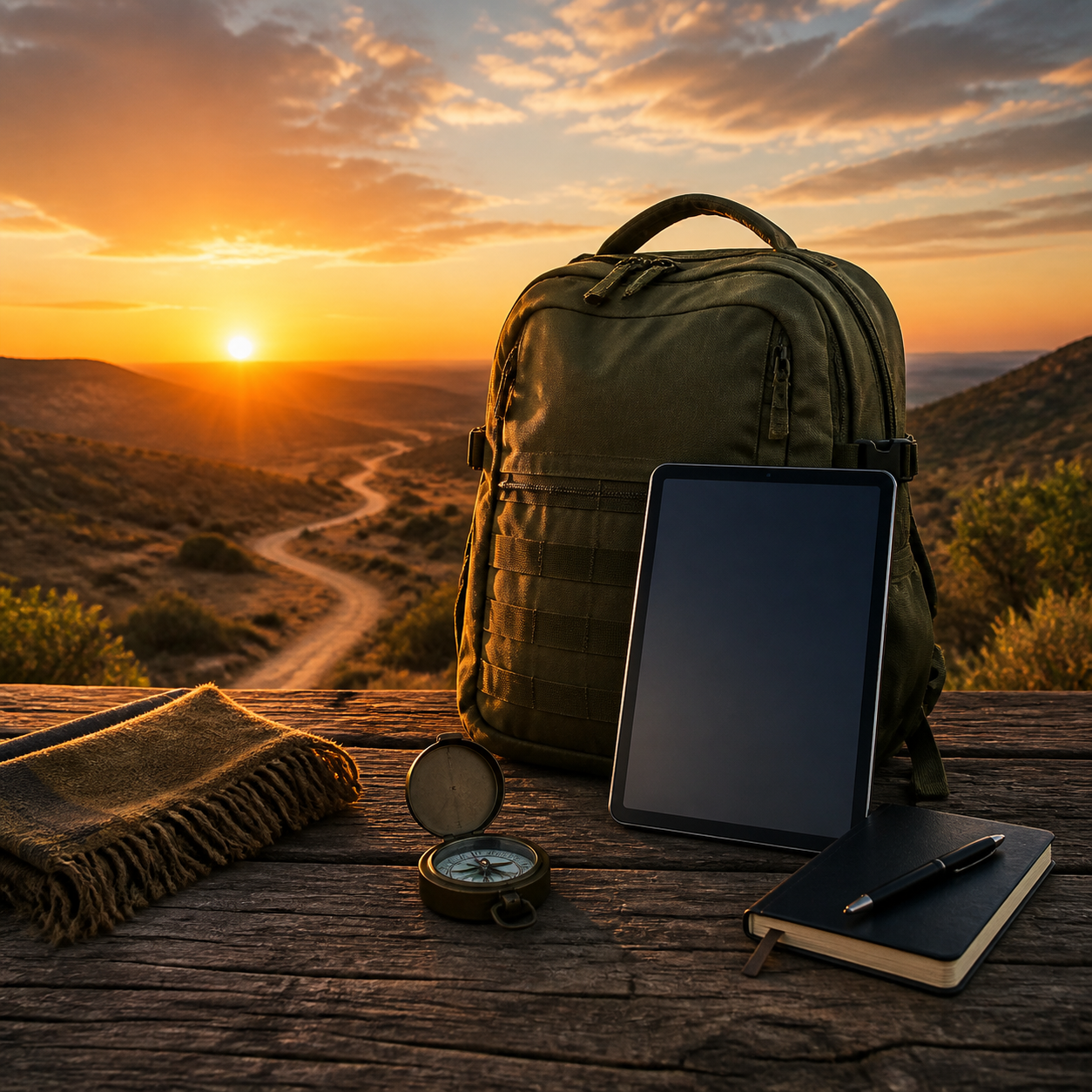 A backpack, tablet, notebook, and compass overlooking a sunrise trail